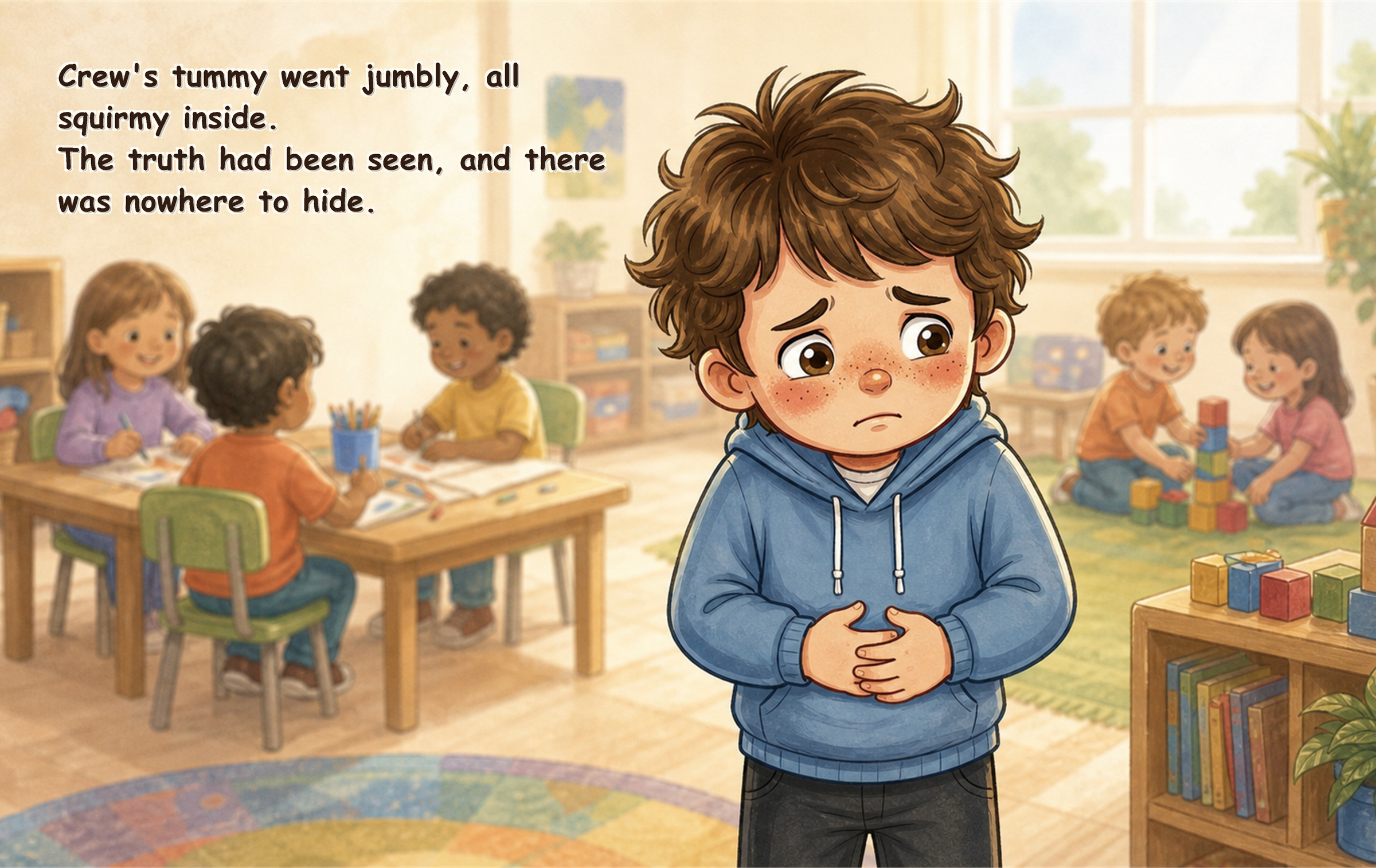 Preview spread from Not True, Crew! showing Crew with a jumbly tummy at school.